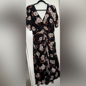 Lush Black Midi Dress with Cream Floral & Rust Leaves